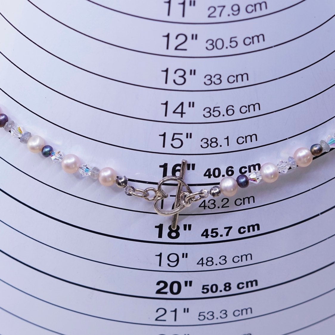 16", handmade sterling 925 silver toggle w/ genuine pearl n crystal necklace