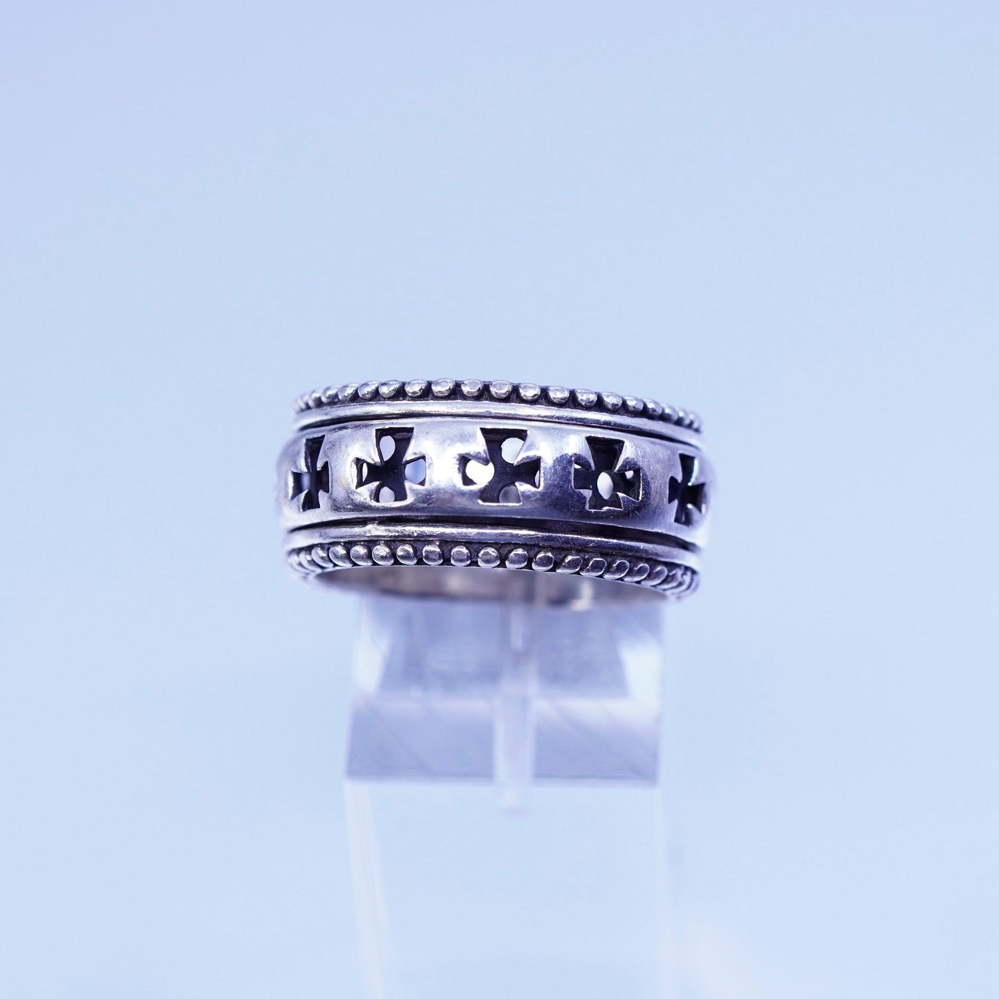 Size 9, vtg southwestern Sterling 925 silver handmade ring, cross spinner band