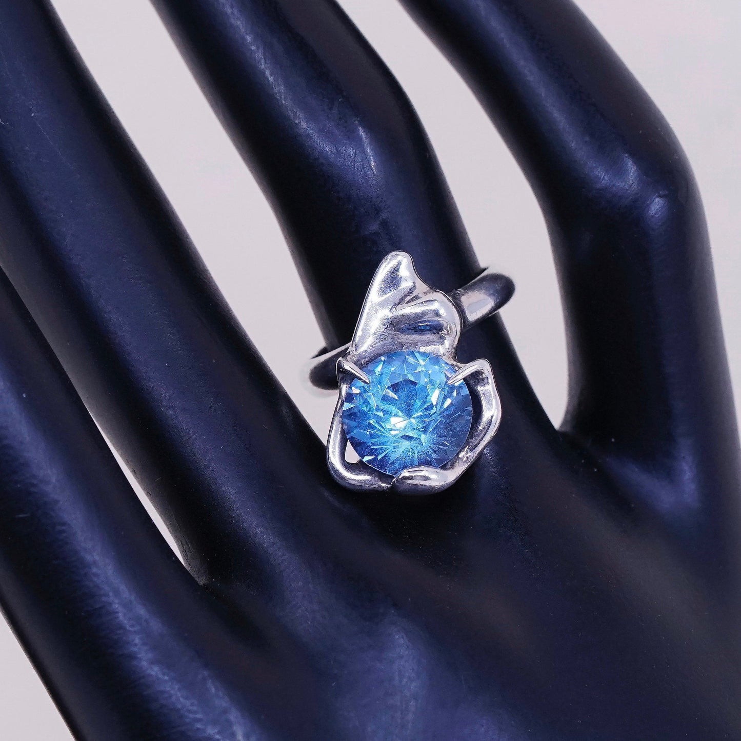 sz 5.5, vintage Sterling 925 silver statement engagement ring with blue topaz