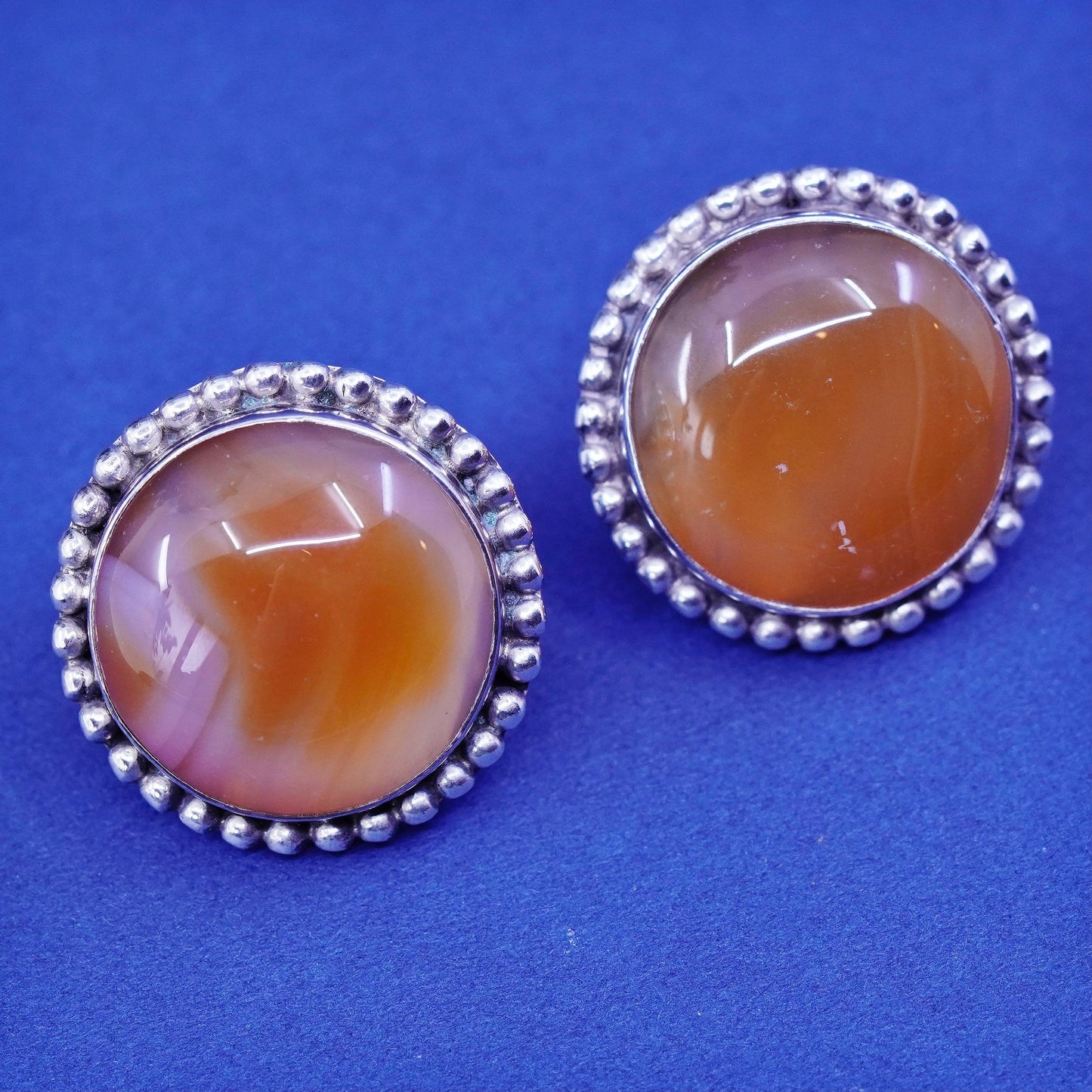 Vintage sterling 925 silver handmade round studs earrings orange agate beads