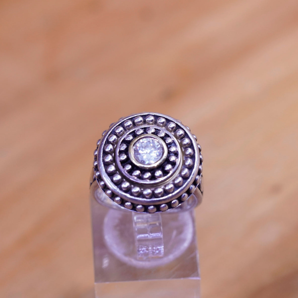 Size 5.75, vintage Kameleon sterling 925 silver handmade ring with cz and beads