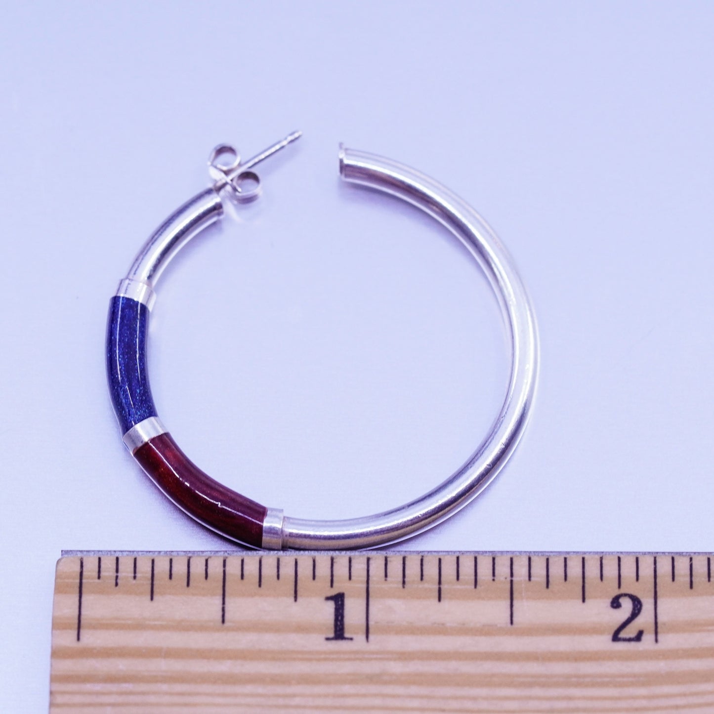 1.5”, vintage Italy Sterling silver handmade earrings, bold 925 hoops w/ enamel
