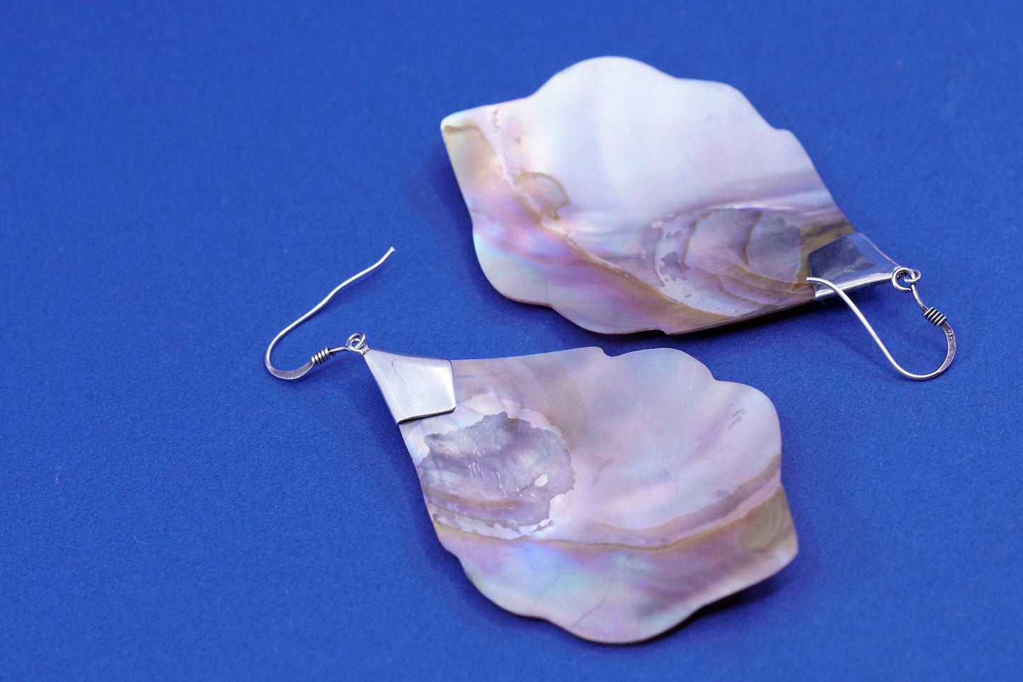 Vintage sterling 925 silver handmade earrings with feather abalone dangles