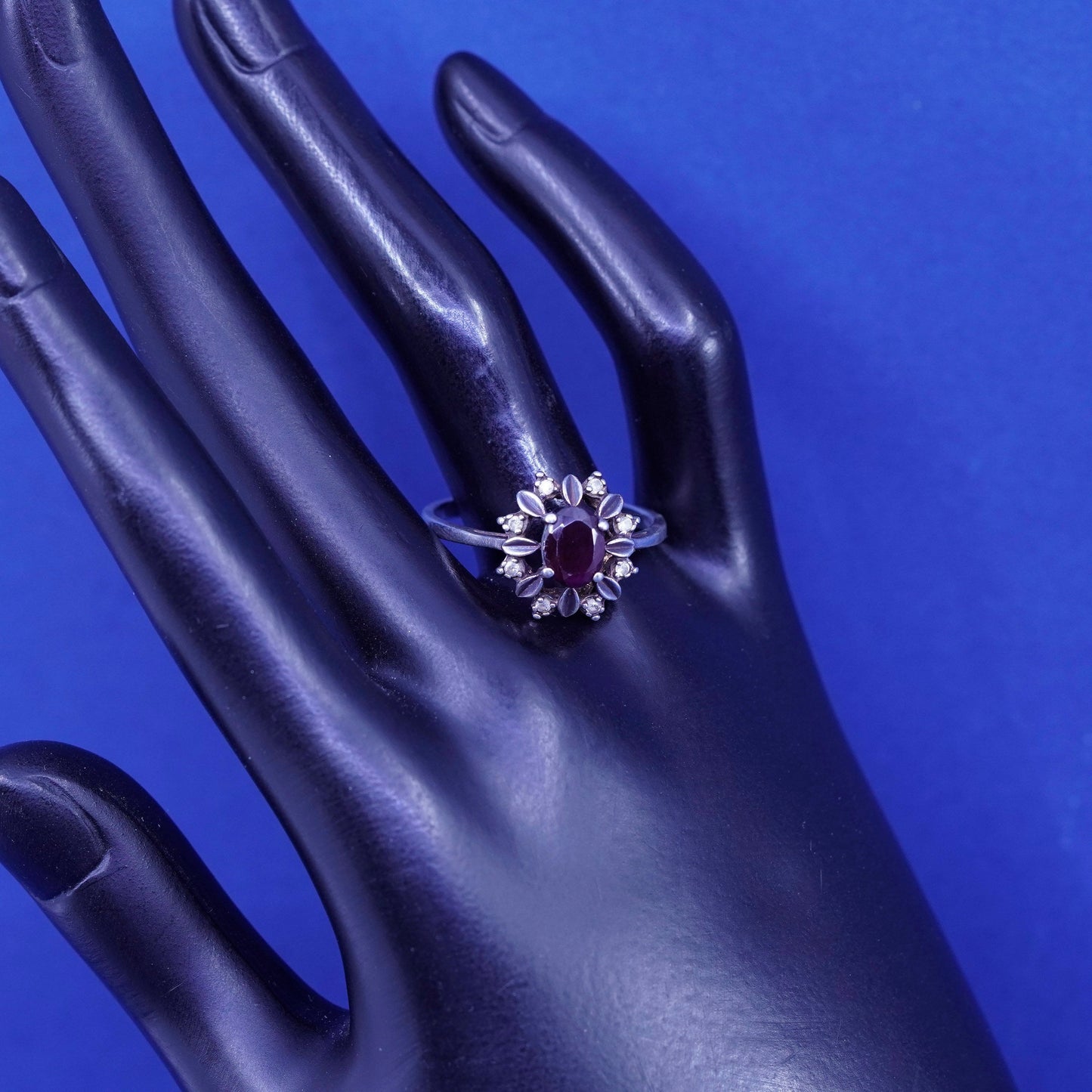 Size 10.75, vintage Sterling 925 silver handmade flower ring with Ruby and cz