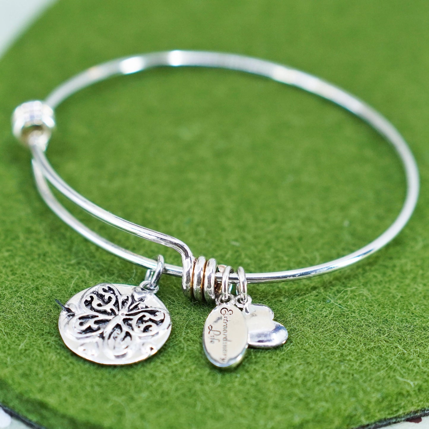adjustable, sterling silver handmade bracelet, 925 bangle butterfly tag charm