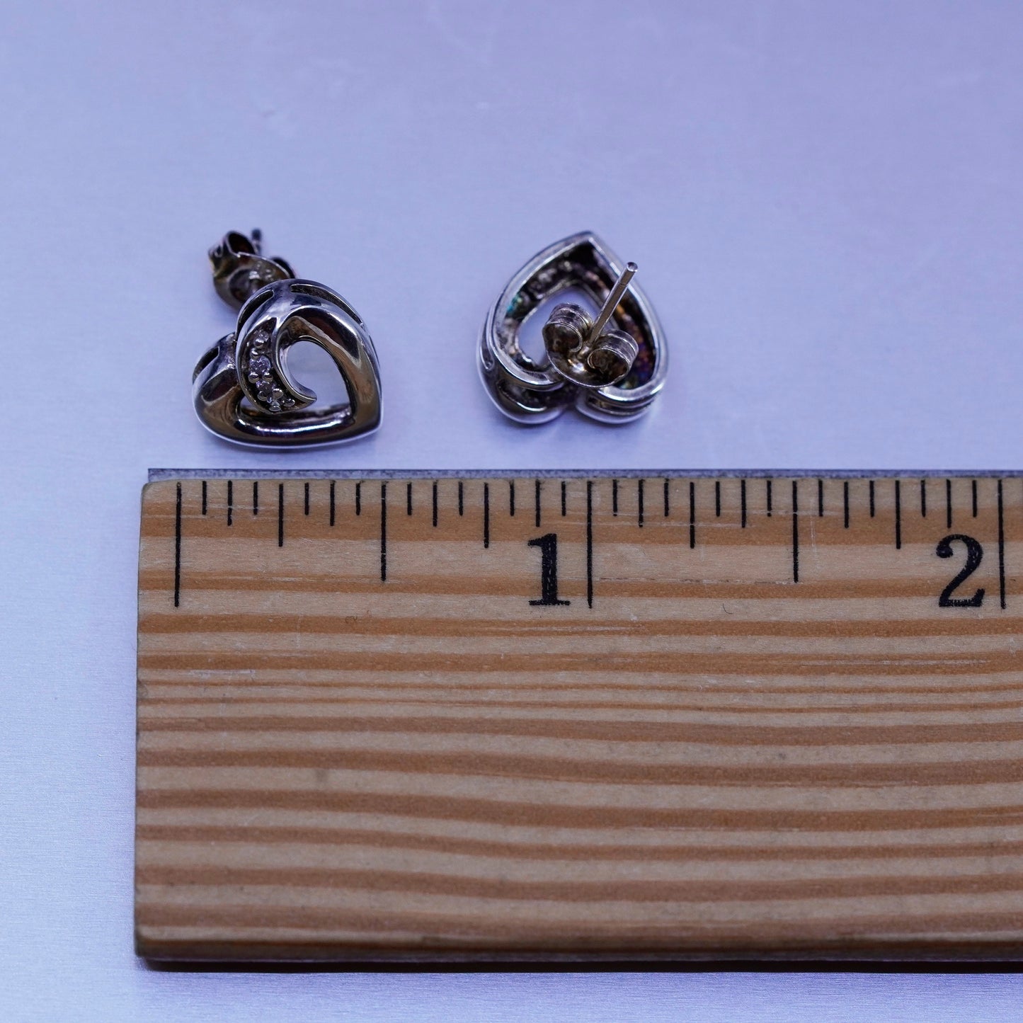 Vintage Sterling 925 silver handmade earrings, heart studs with cz