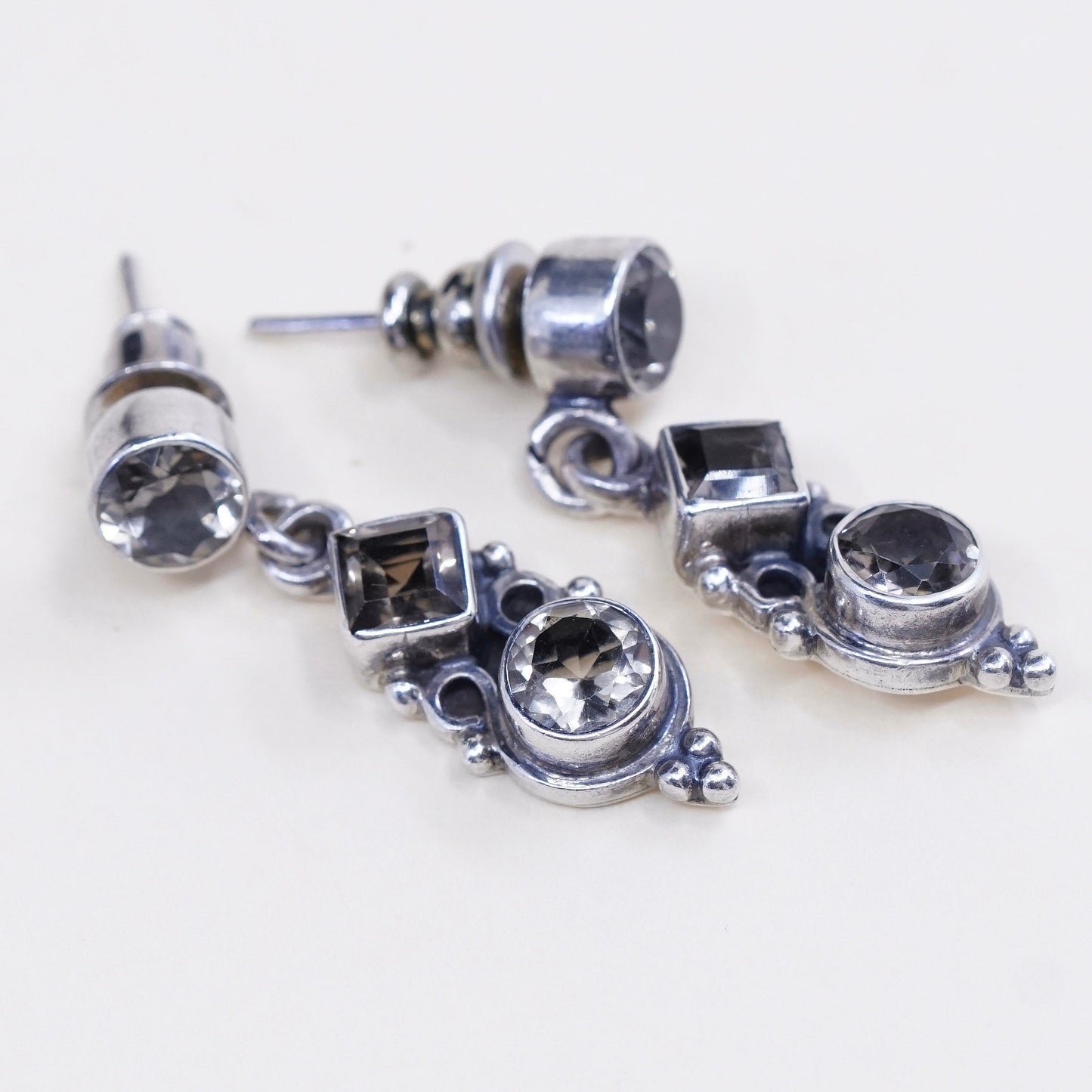 Vintage sterling silver handmade earrings, 925 with smoky topaz drops
