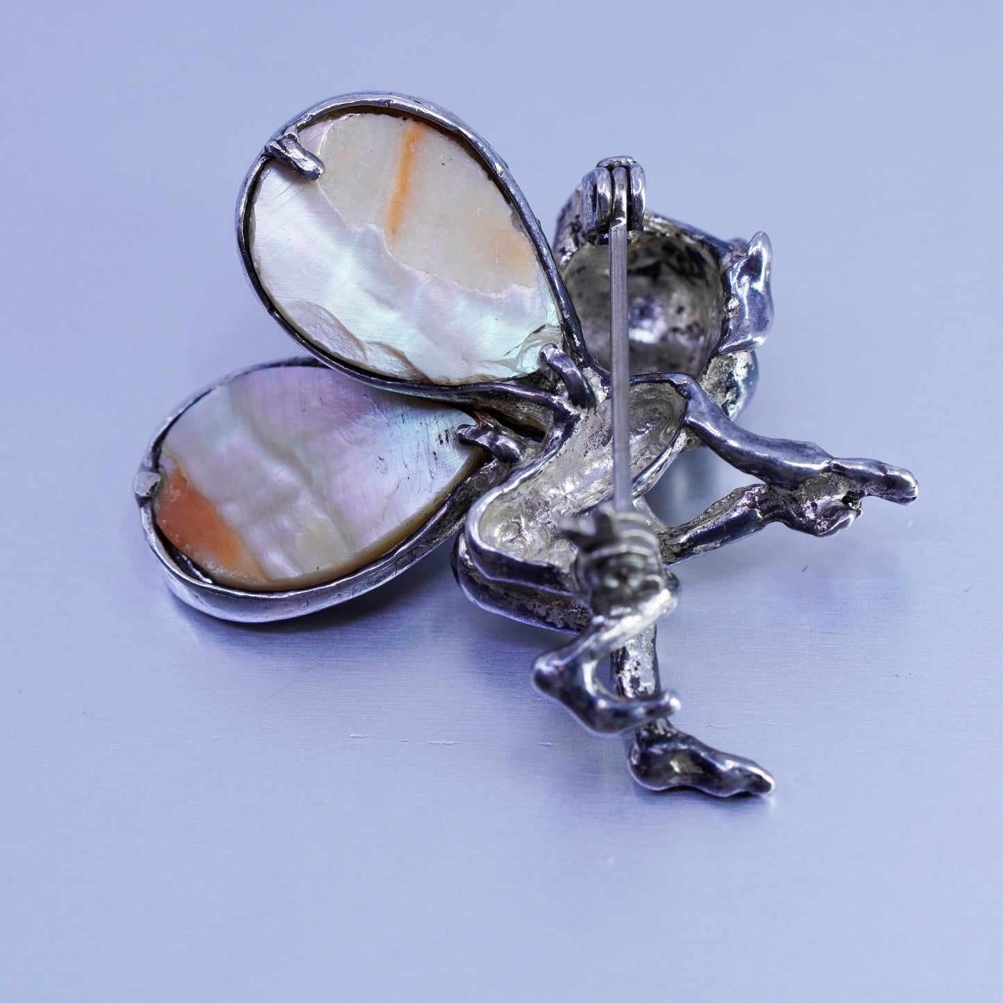 Vintage Sterling 925 silver handmade fairy brooch, pin with abalone