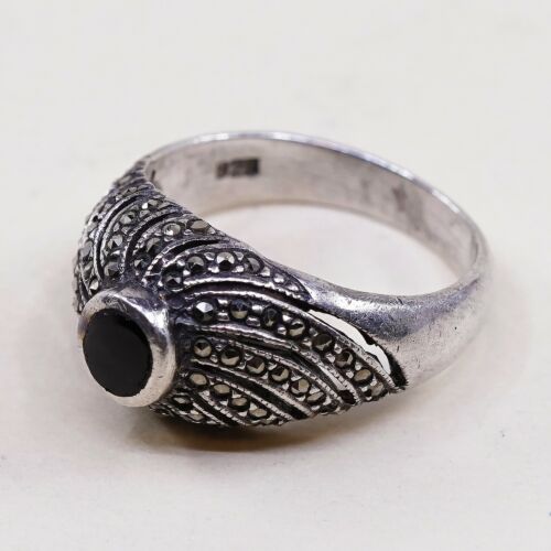 Sz 6, Vtg Sterling Silver Handmade Ring, 925 Silver Band W Obsidian N marcasite