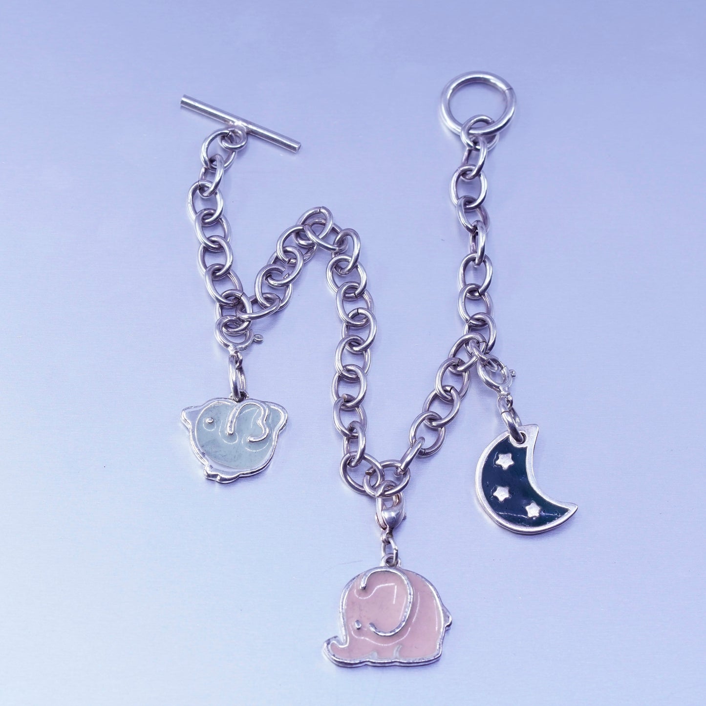 6.75”, Sterling 925 silver bracelet circle chain moon enamel elephant charms