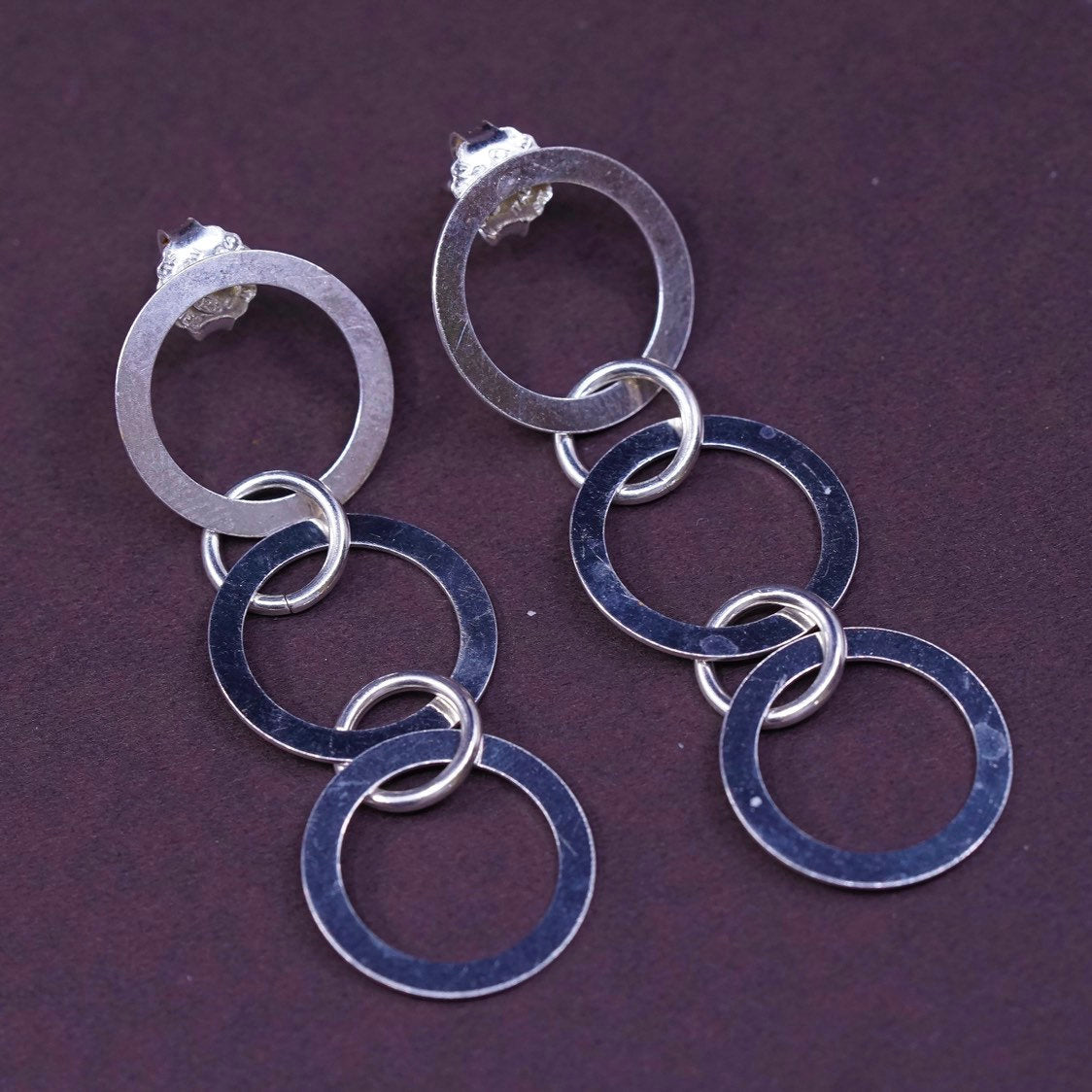 2” long, VTG Sterling silver handmade earrings, 925 entwined circles dangle