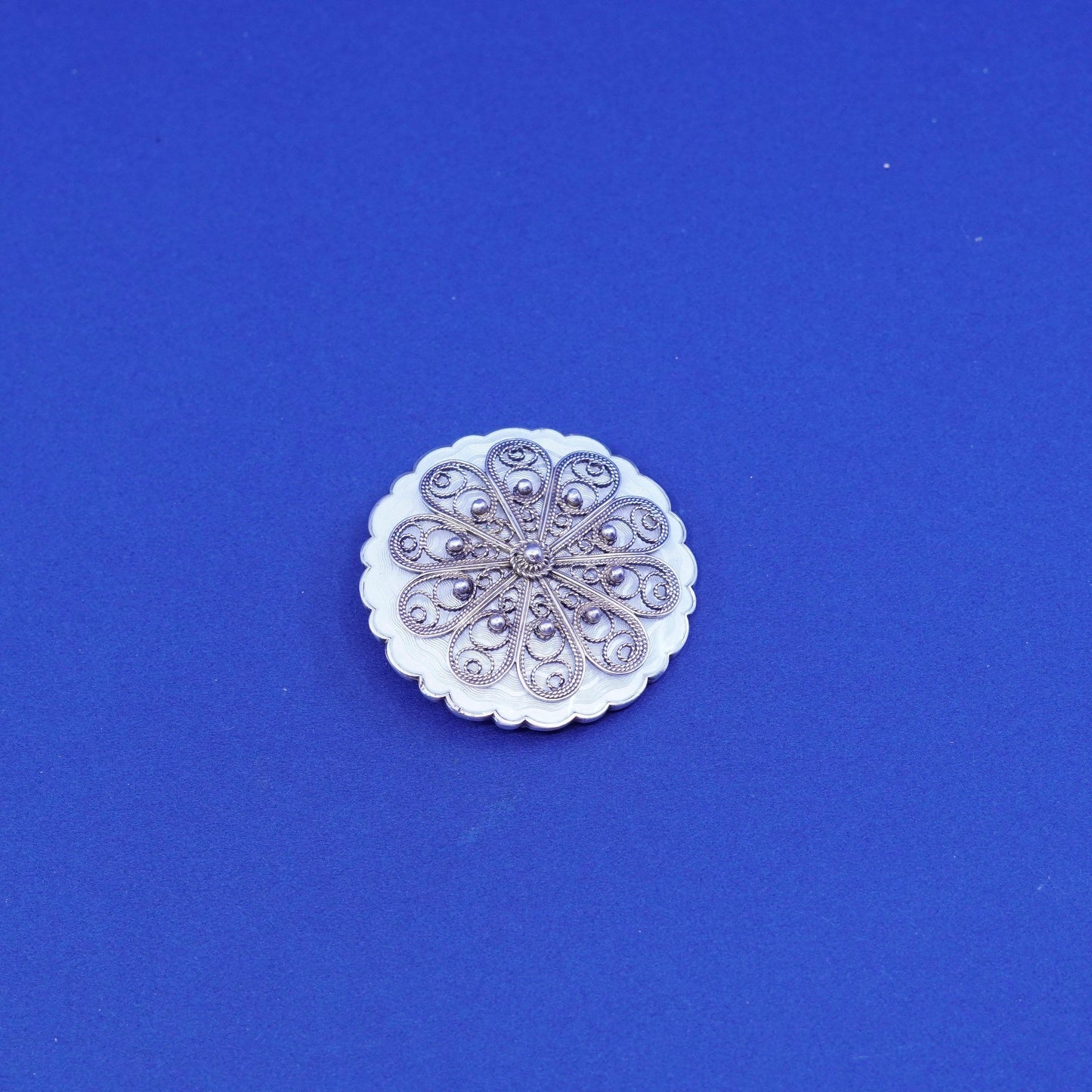 Norway sterling silver round handmade brooch, 925 filigree snowflake enamel pin