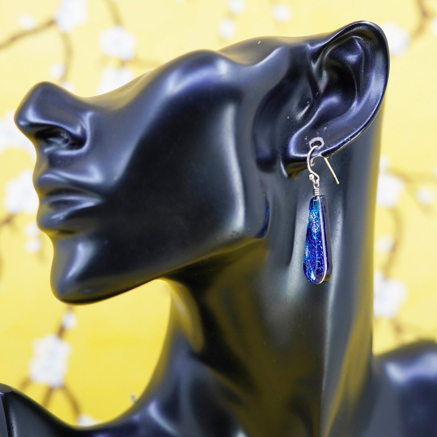 Vintage Sterling silver handmade earrings, 925 blue teardrop foiled glass