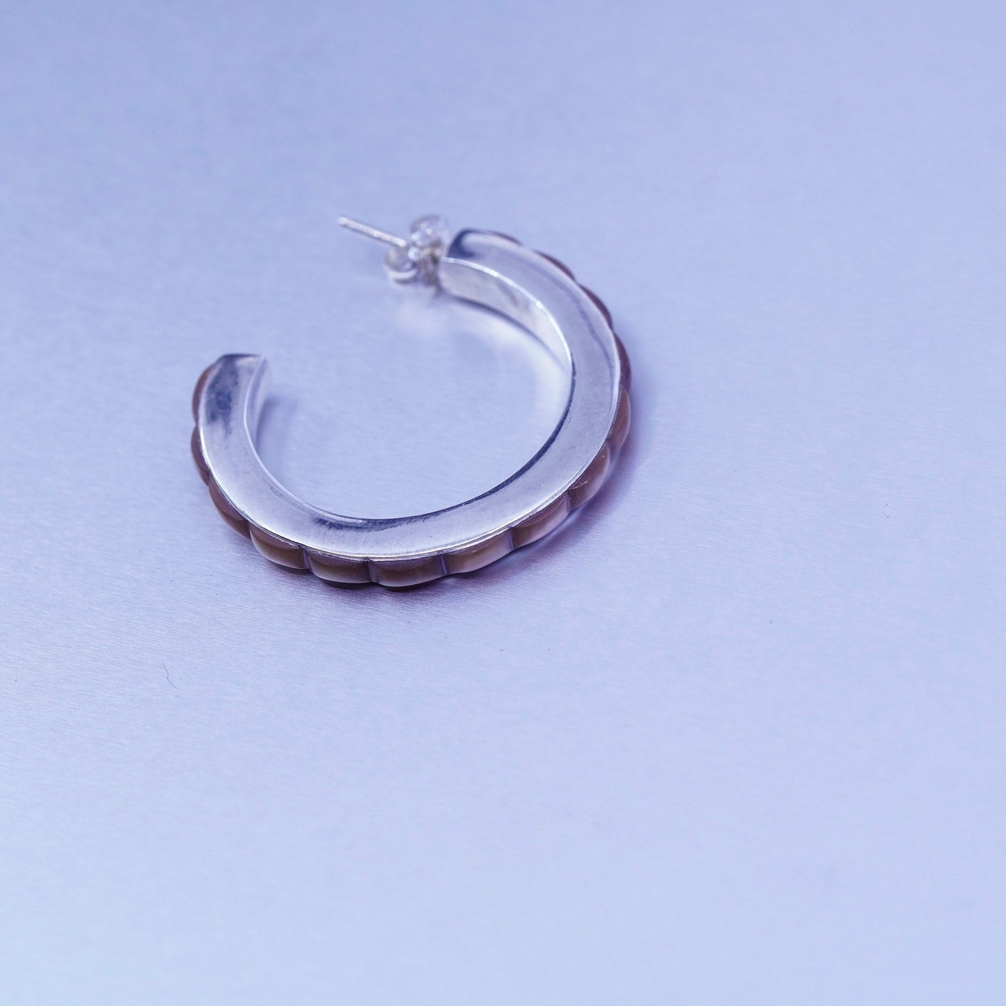 1.25”, vintage Sterling silver handmade earrings, 925 Huggie hoops with abalone