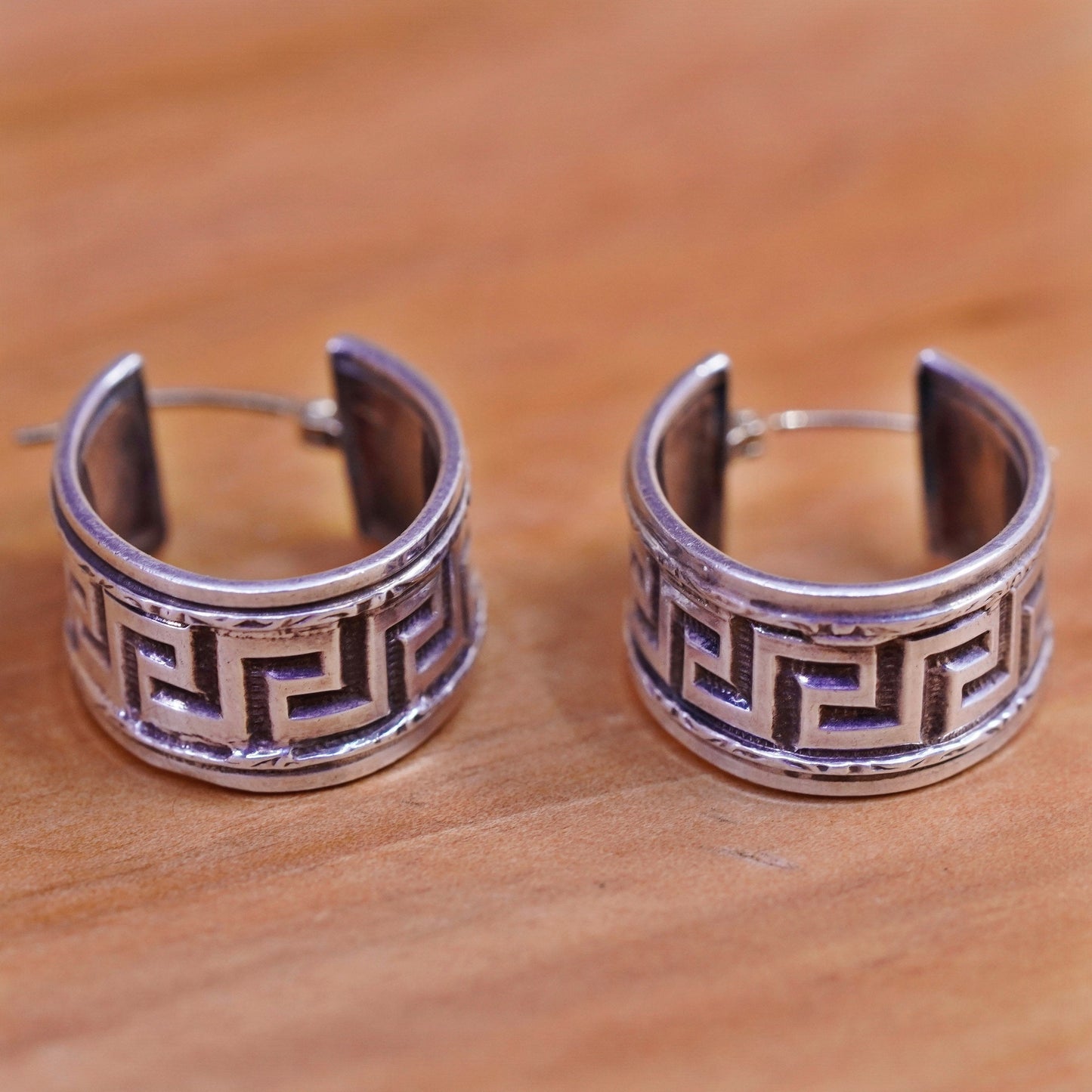 0.75”, Sterling silver handmade earrings 925 Greek key textured hoops 14K posts