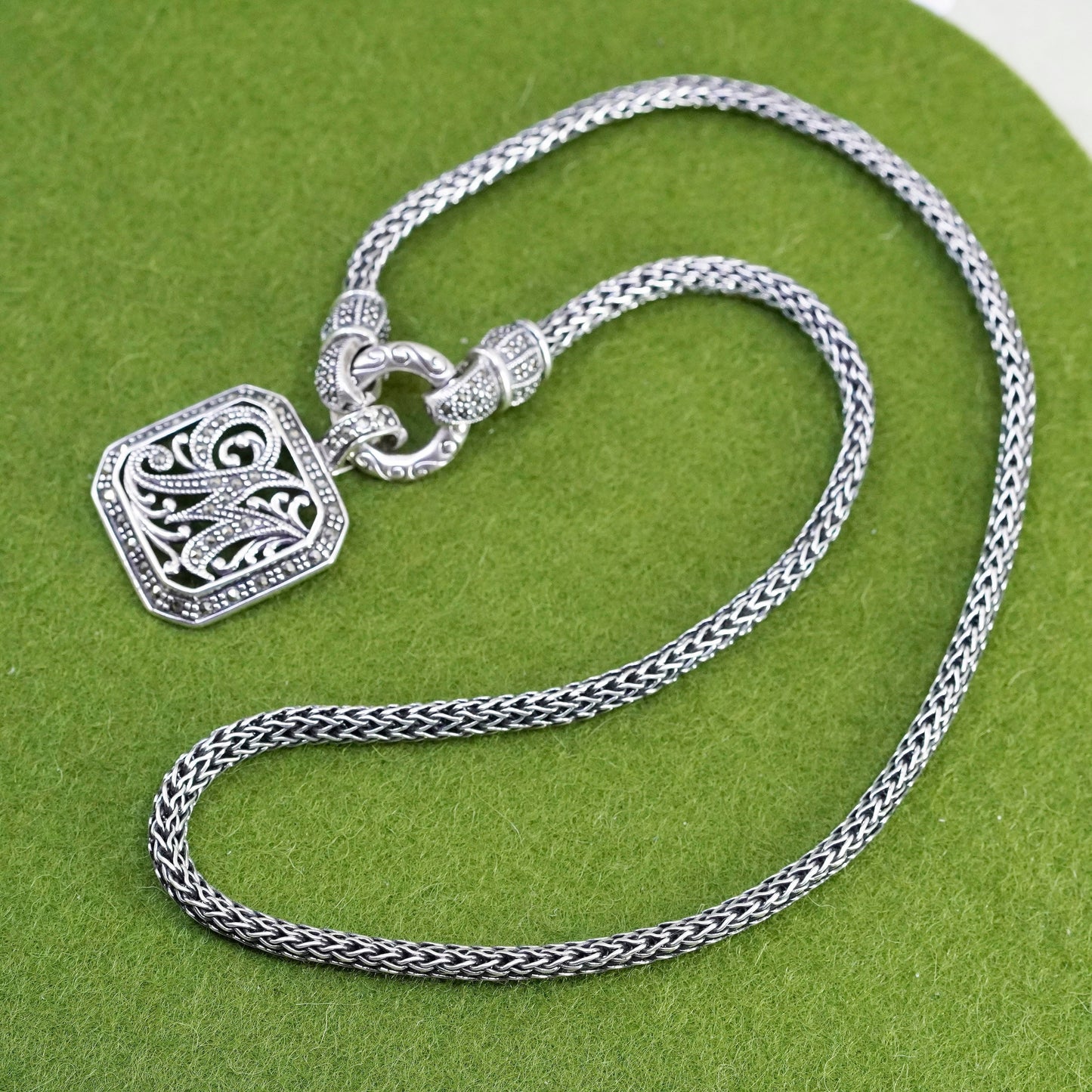 17”, sterling 925 silver necklace, wheat chain marcasite initial “M” pendant