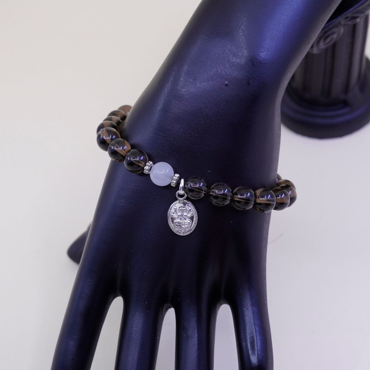 7”, vintage sterling 925 silver handmade bracelet with smoky topaz beads