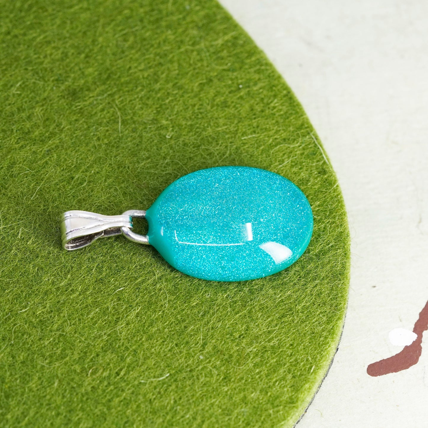 Vintage sterling silver with artisan glass pendant, oval teal dichroic glass