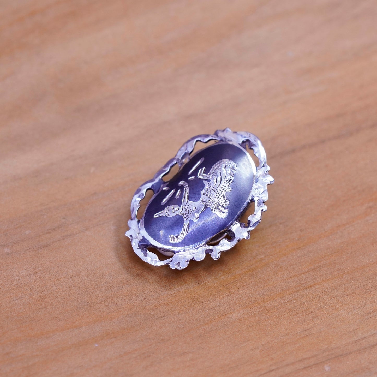 Vintage Siam sterling silver clip on earrings, 925 India earrings, niello, Siam