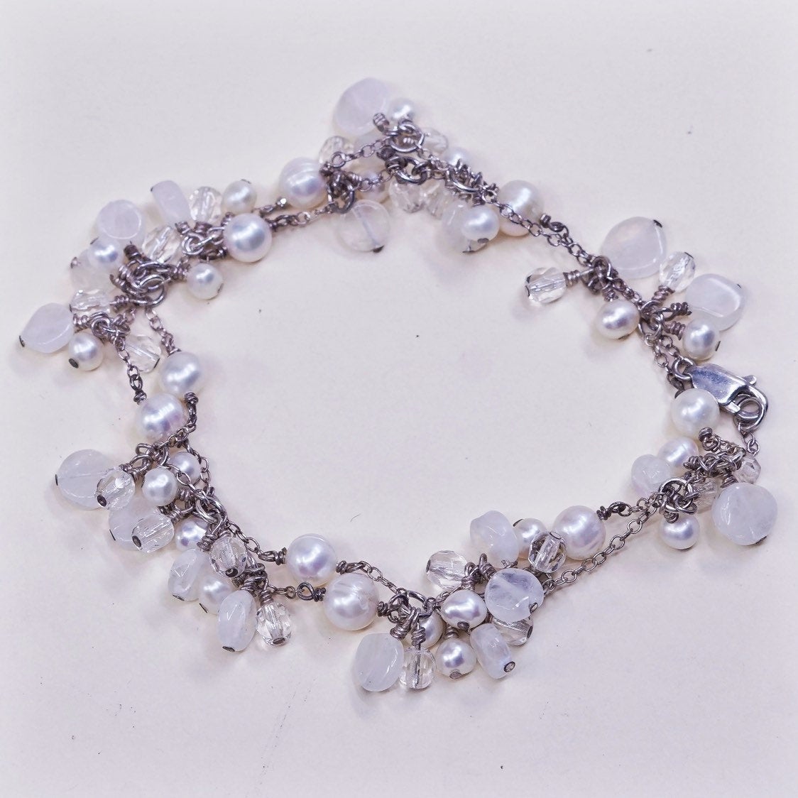 16", vtg handmade Sterling silver Circle necklace w/ pearl moonstone beads