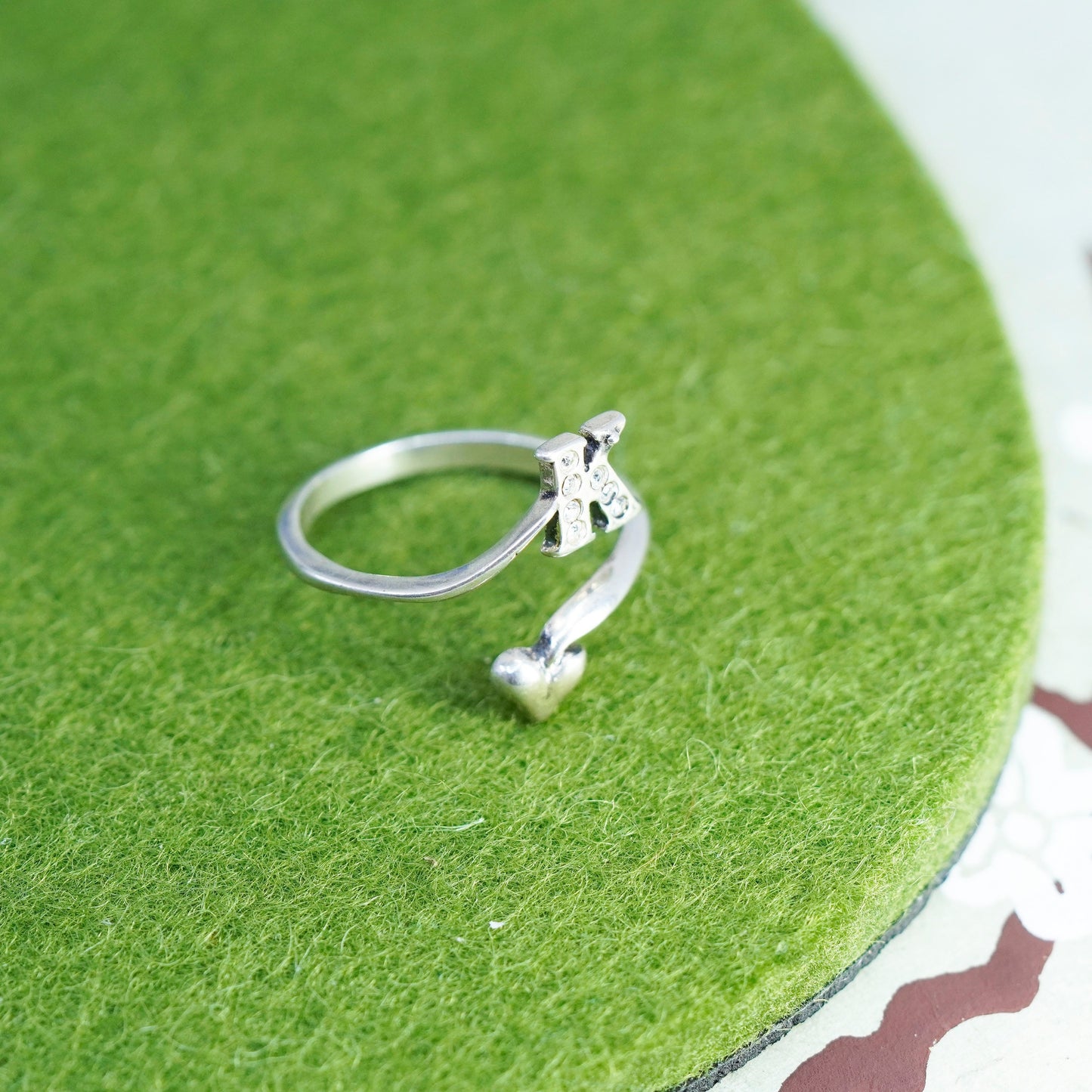 sz 6.5, Sterling silver handmade statement ring, 925 initial letter “K” band cz