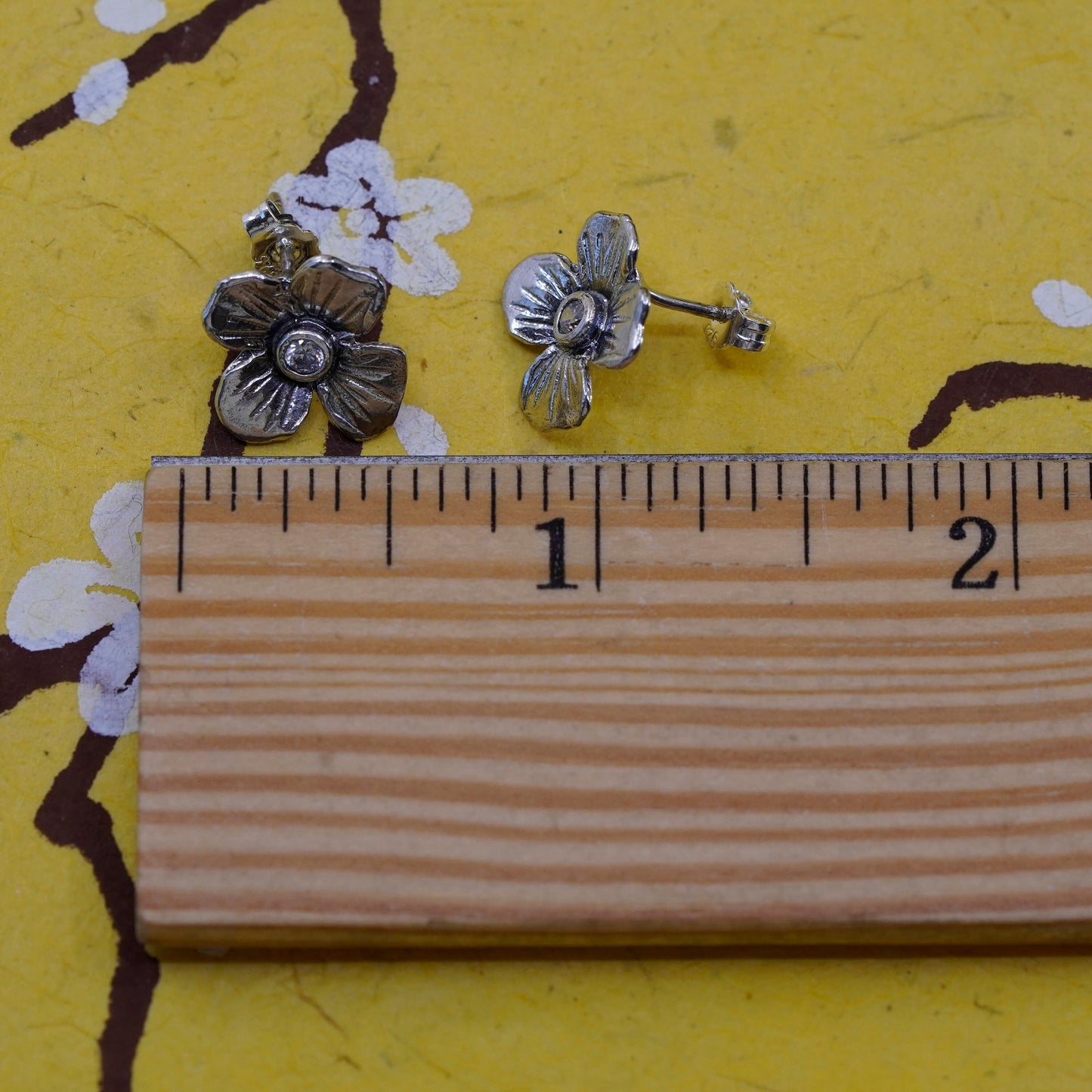 Vintage Sterling 925 silver handmade studs, flower earrings with cz