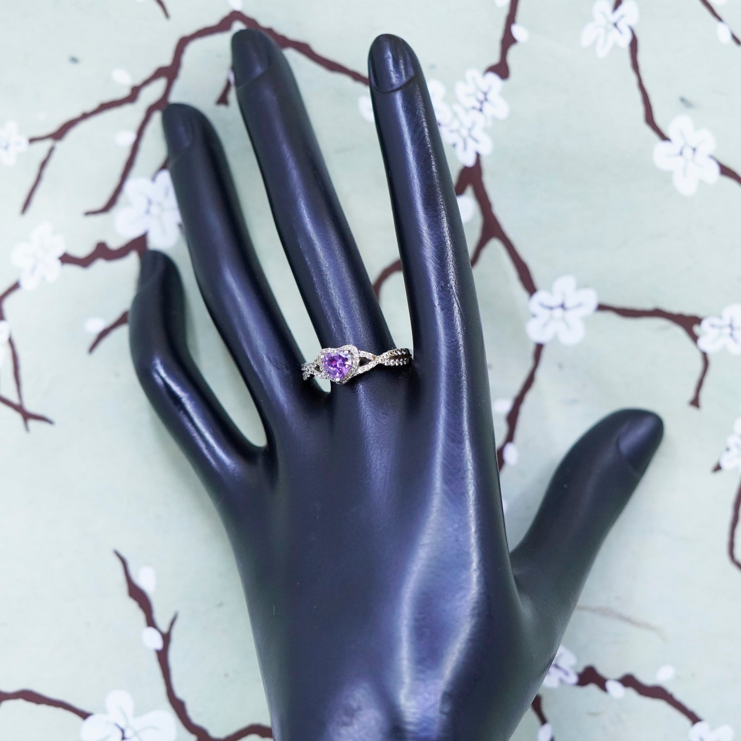 Size 10, Sterling 925 silver handmade stackable ring with amethyst heart cz