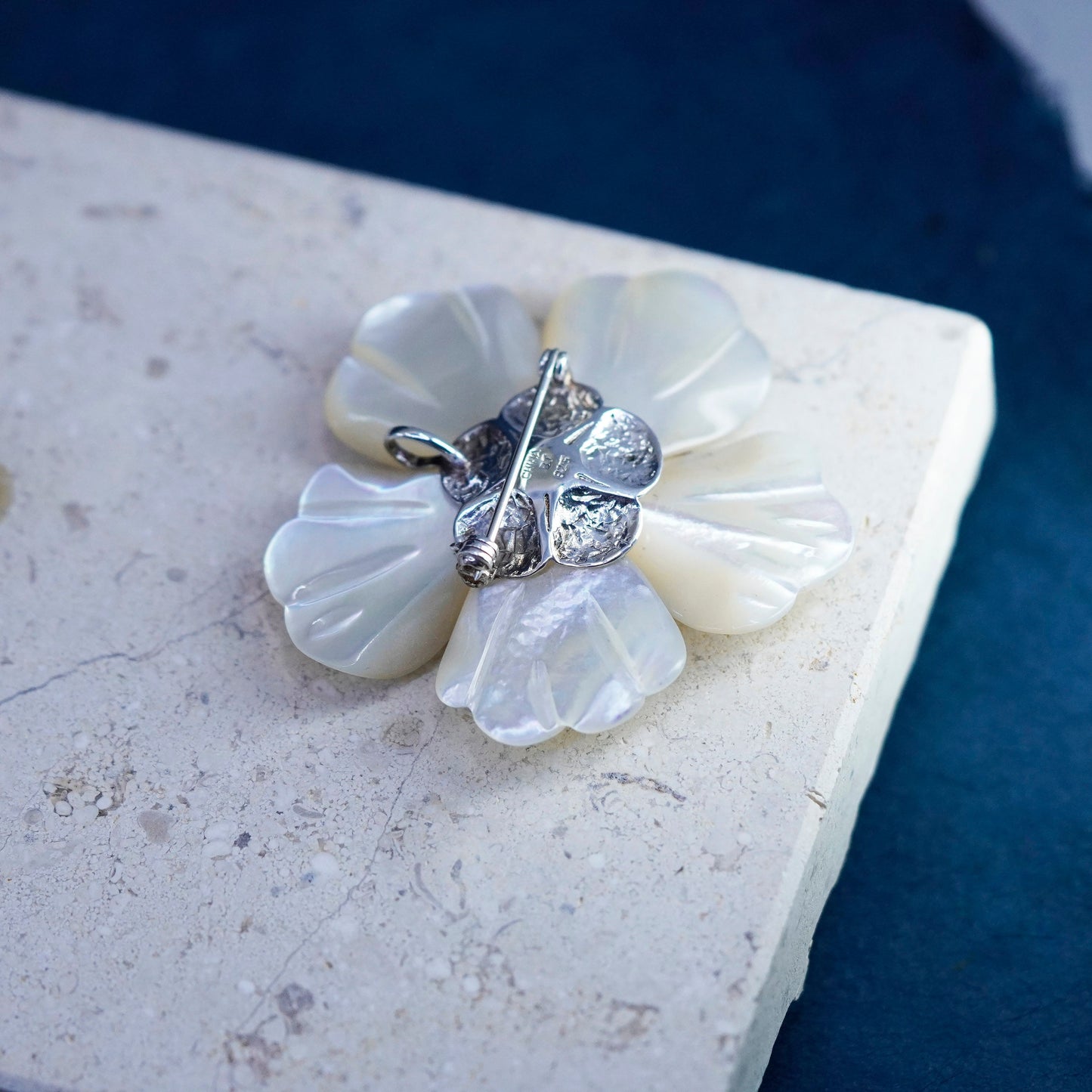 Vintage BJ sterling 925 silver handmade brooch pendant mother of pearl flower