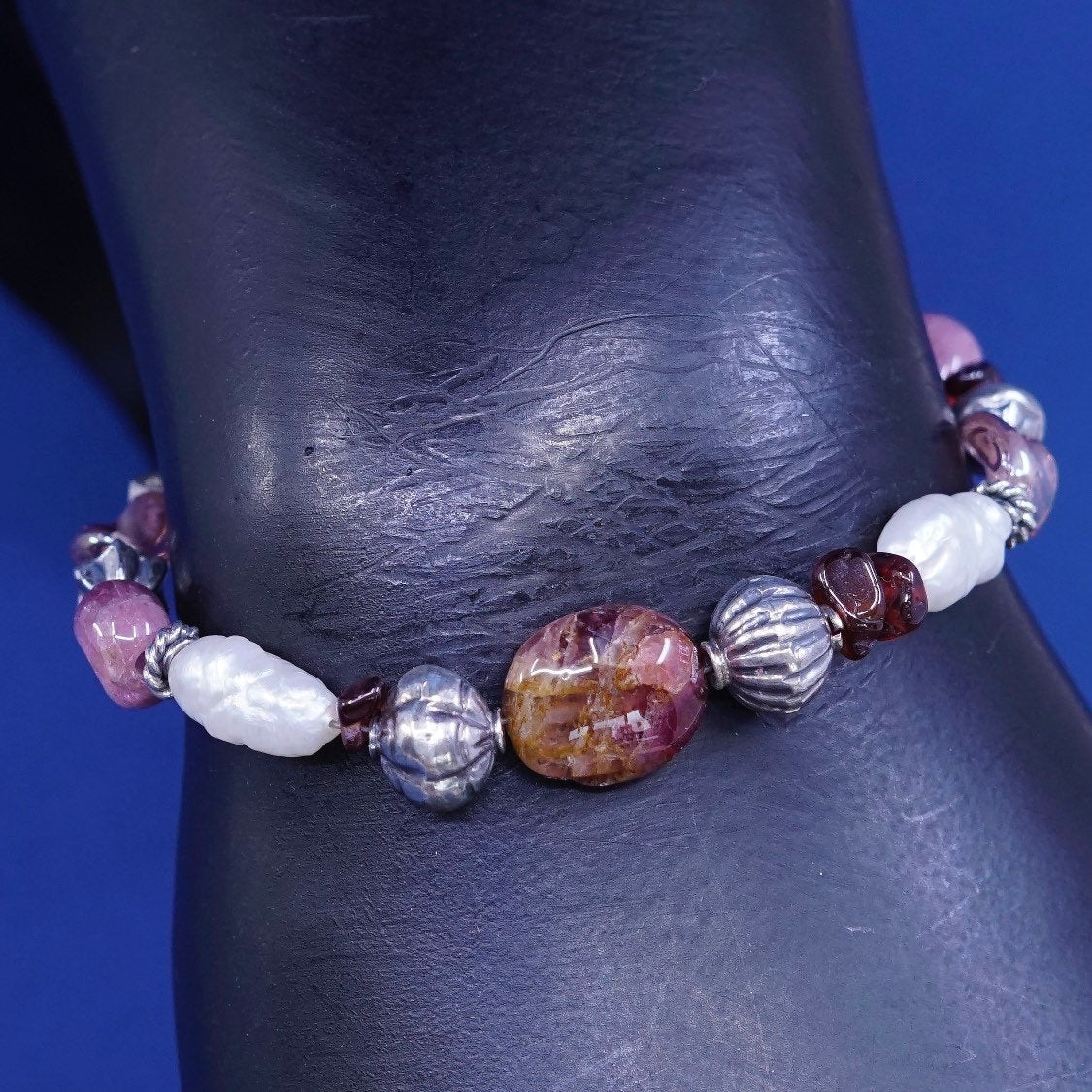 7", sterling 925 silver handmade bracelet, pearl w/ pink quartz beads
