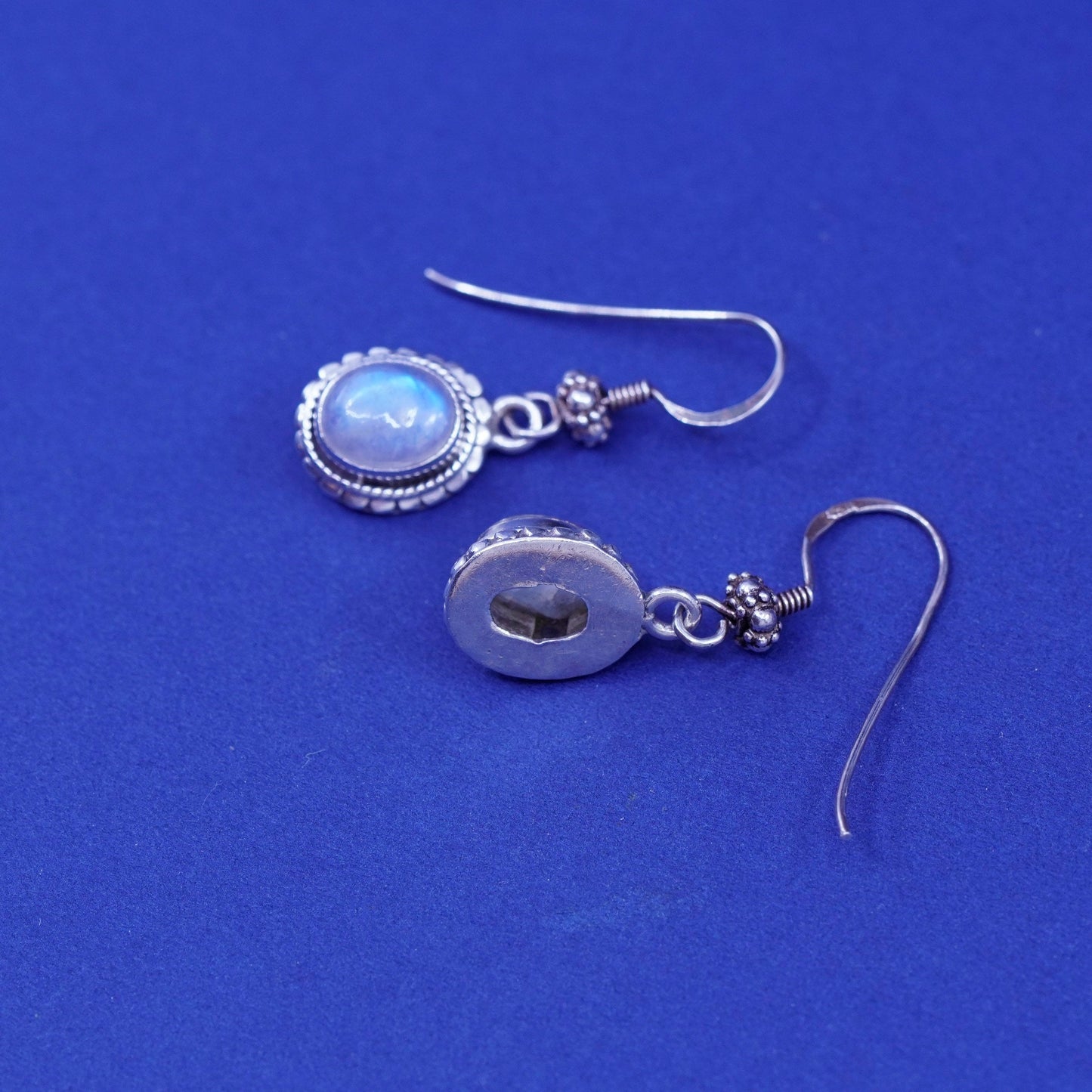 Vintage Sterling 926 silver handmade earrings with oval moonstone and beads