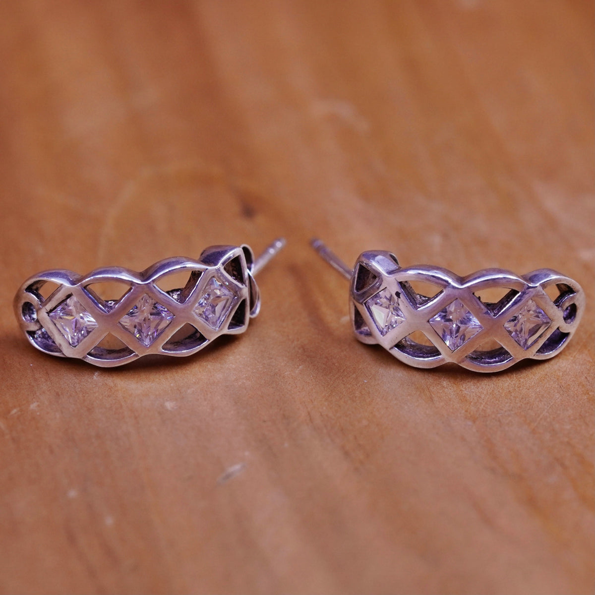 Vintage Sterling 925 silver huggie studs earrings with clear Cz