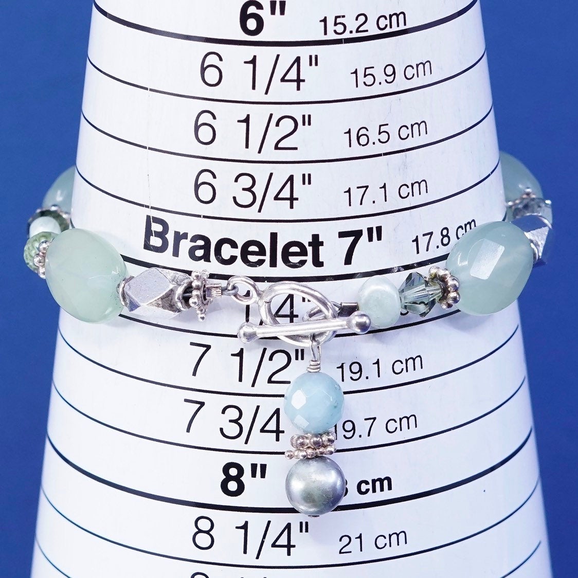 7.25", vtg Sterling silver handmade bracelet, 925 nugget w/ checker cut jade