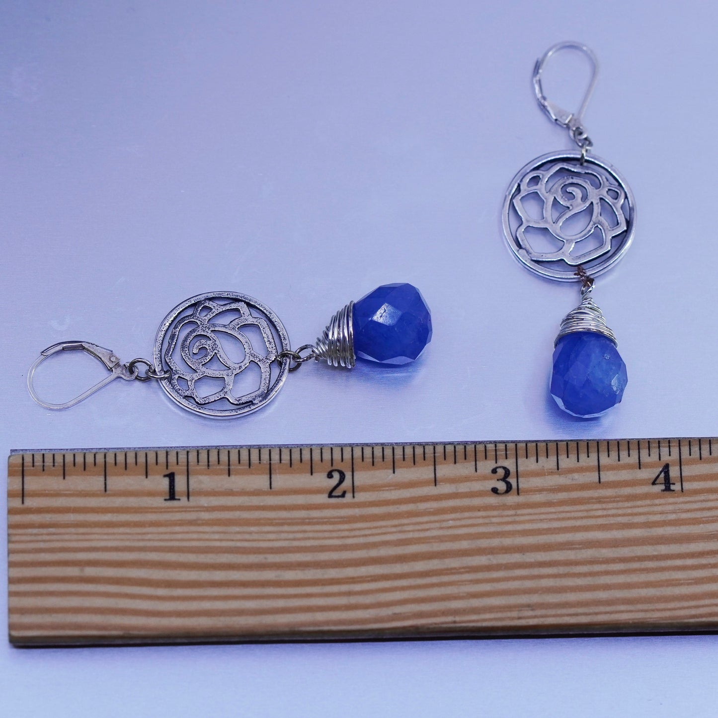 Sterling 925 silver handmade flower earrings with teardrop blue Grandidierite