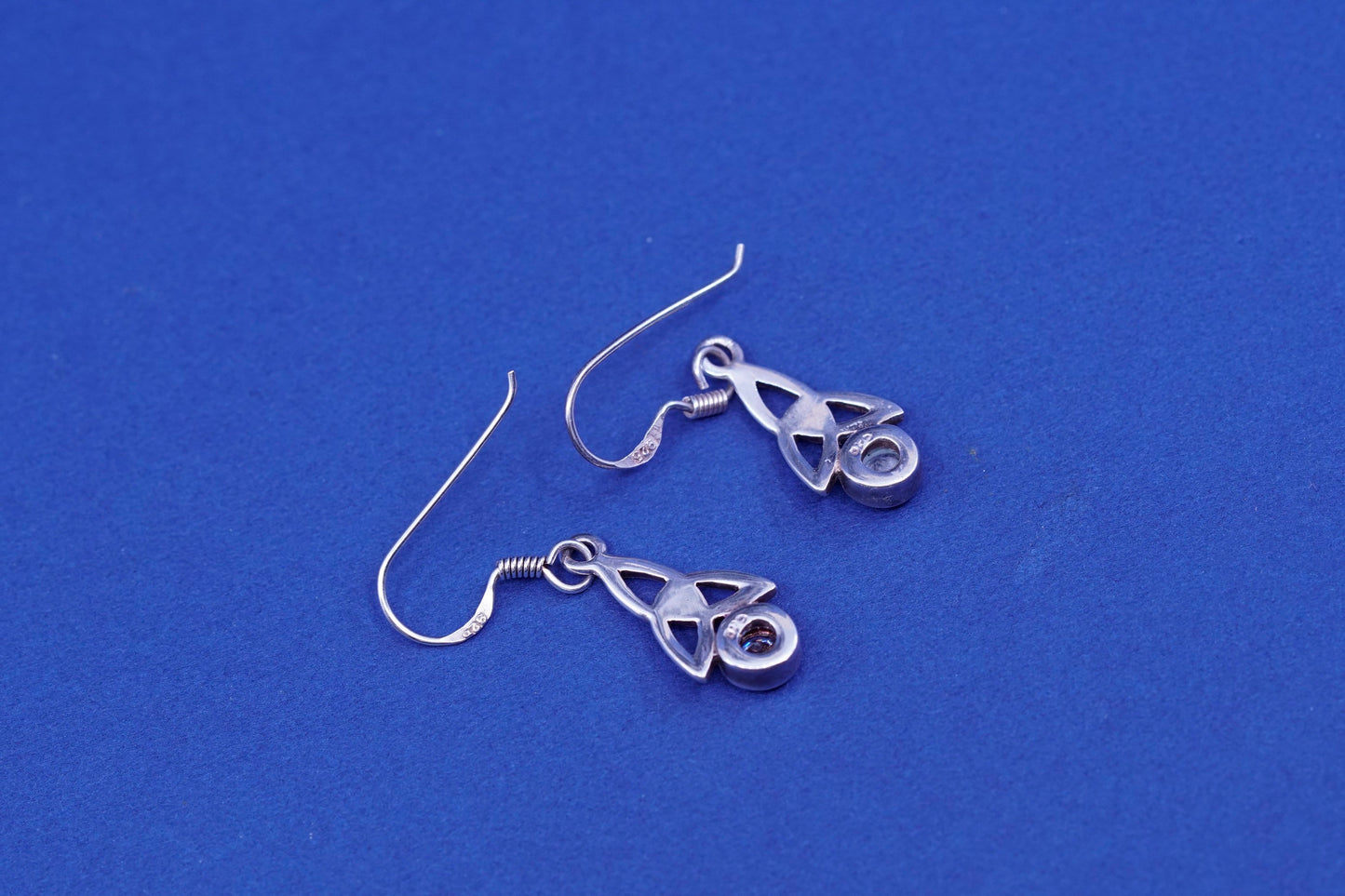 Vintage sterling silver handmade earrings, 925 filigree knot Irish drop with Cz