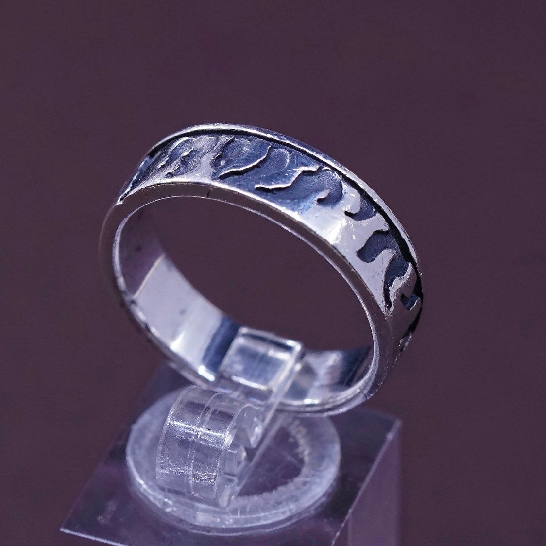 sz 11, vtg Sterling silver handmade ring, 925 band w/ fire embossed