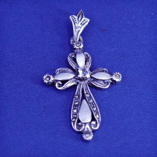 Vintage Sterling 925 silver handmade cross pendant with cz and marcasite