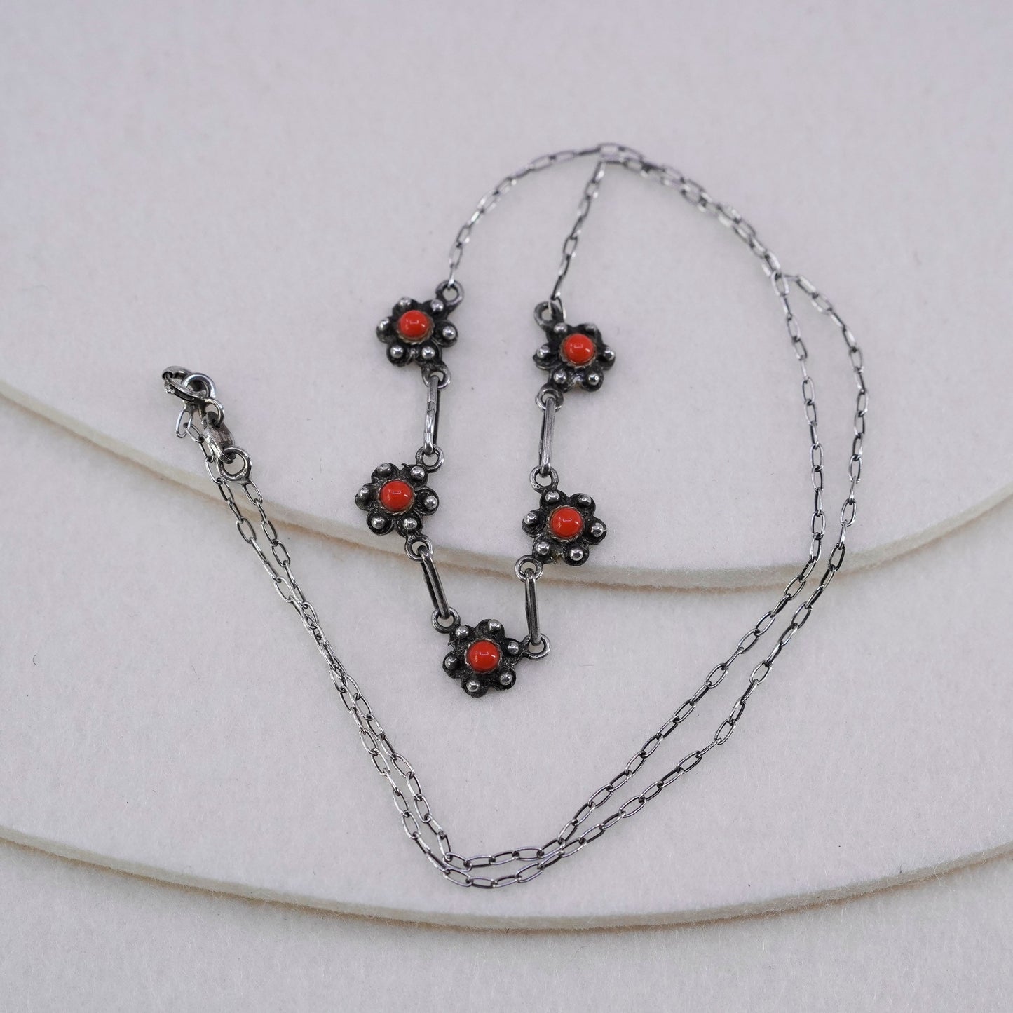 18”, Native American Sterling 925 silver handmade necklace coral flower pendant