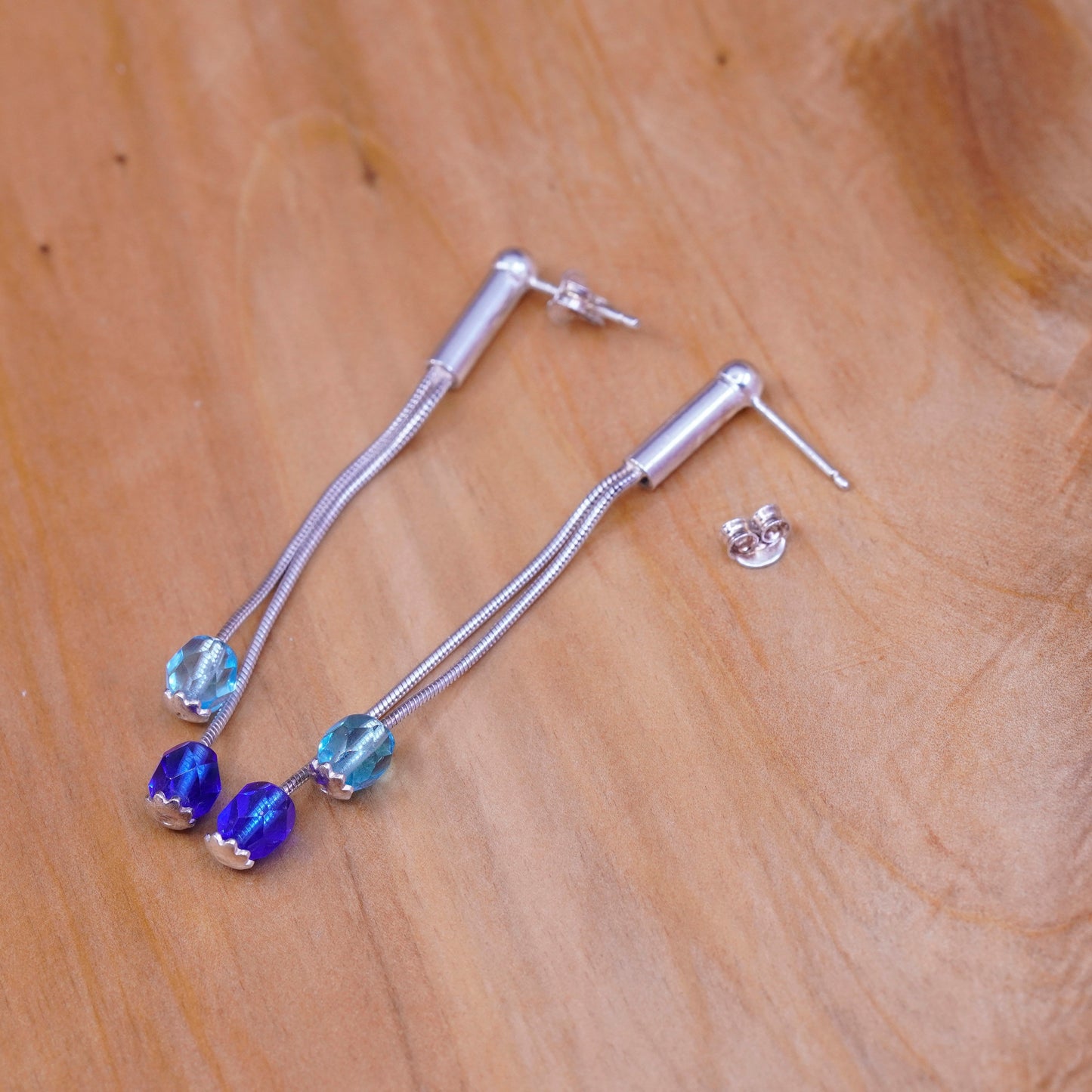 Vintage Sterling 925 silver handmade long earrings with blue Swarovski crystal