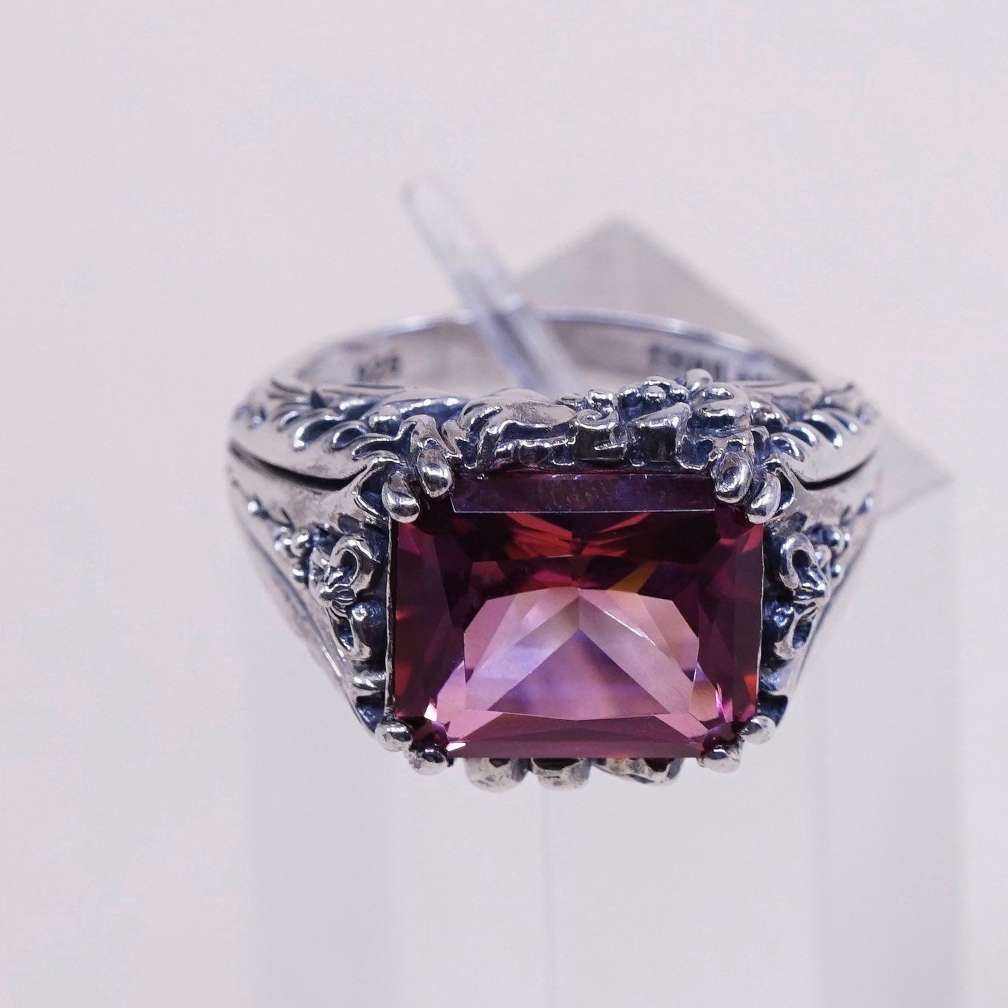 sz 7.25, VTG cocktail Sterling silver handmade ring, 925 crown w/ pink crystal