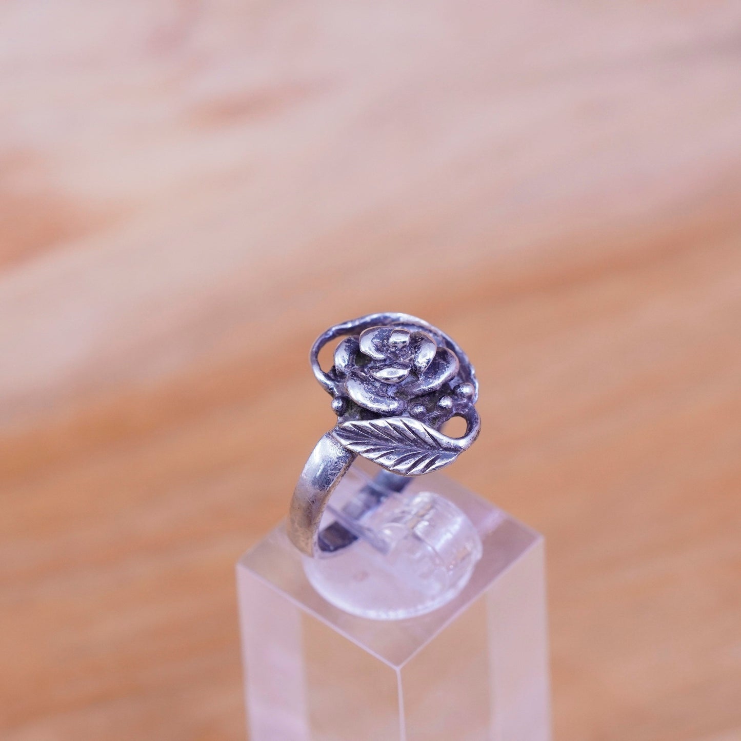 Size 6.5, vintage Sterling silver handmade ring, 925 rose flower on vine