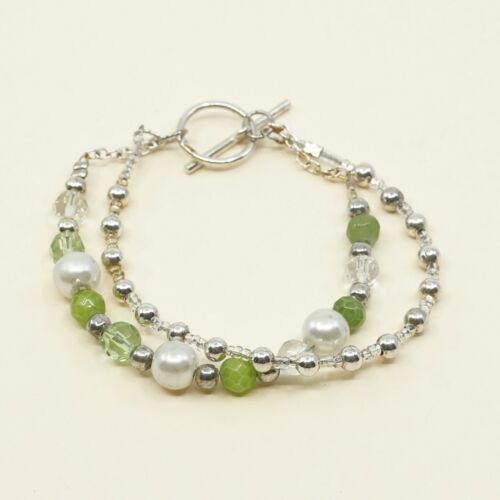 6.25”, Vtg Sterling 925 Silver Handmade Bead Bracelet W/ Pearl N Green Crustal