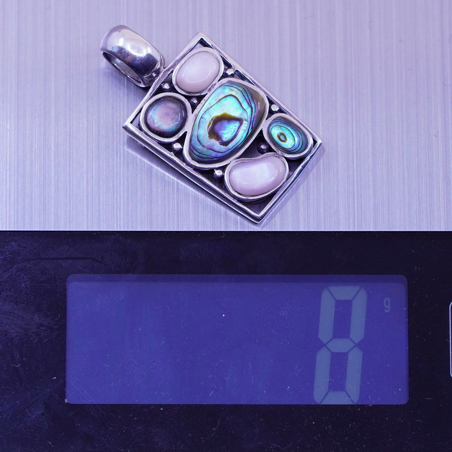 Vintage sterling 925 silver handmade pendant, with abalone pink mother of pearl