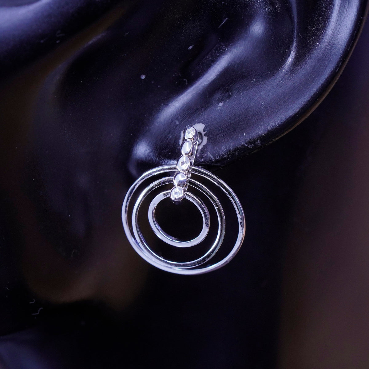 Vintage Sterling silver handmade earrings, 925 multi circles dangles with Cz