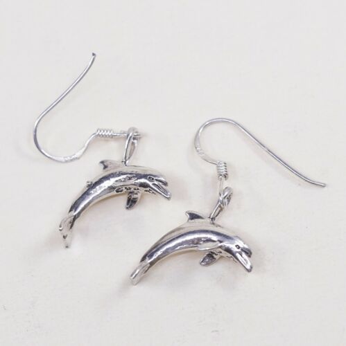 Vintage Sterling 925 Silver Handmade Dolphin Fish dangle earrings, Stamped 925