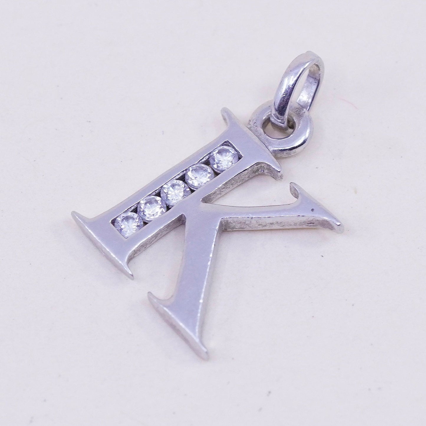 Vintage sterling silver handmade pendant, 925 initial “K” charm with cz