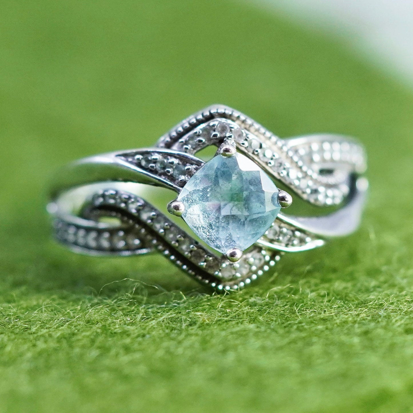 Size 10, sterling 925 silver handmade ring with blue topaz and cluster diamonds