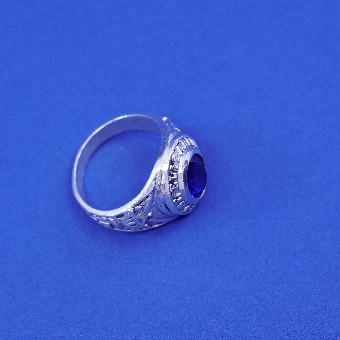 Size 9.5, vintage 1974 sterling 925 silver handmade ring w/ blue topaz and name