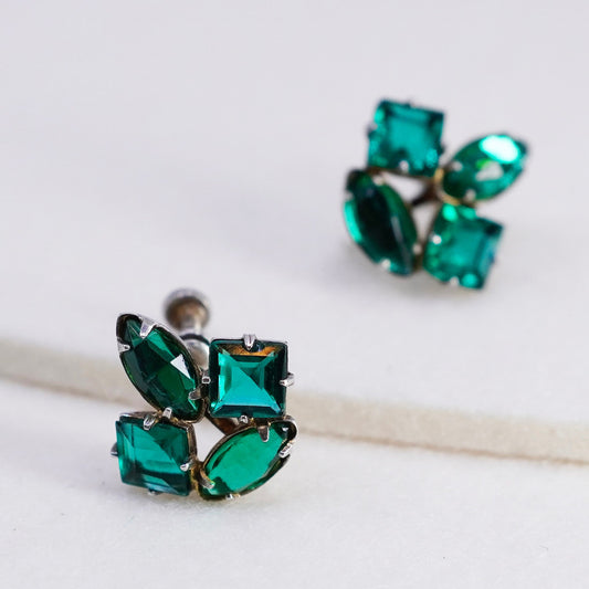 Sterling 925 silver earrings, screw back flower with cluster green rhinestone