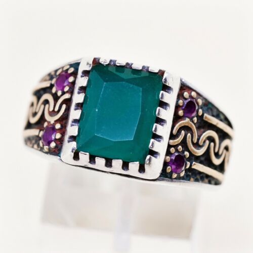 Sz 11 Vtg Two Tone Sterling 925 Silver Handmade Statement Ring W/ Emerald N Ruby