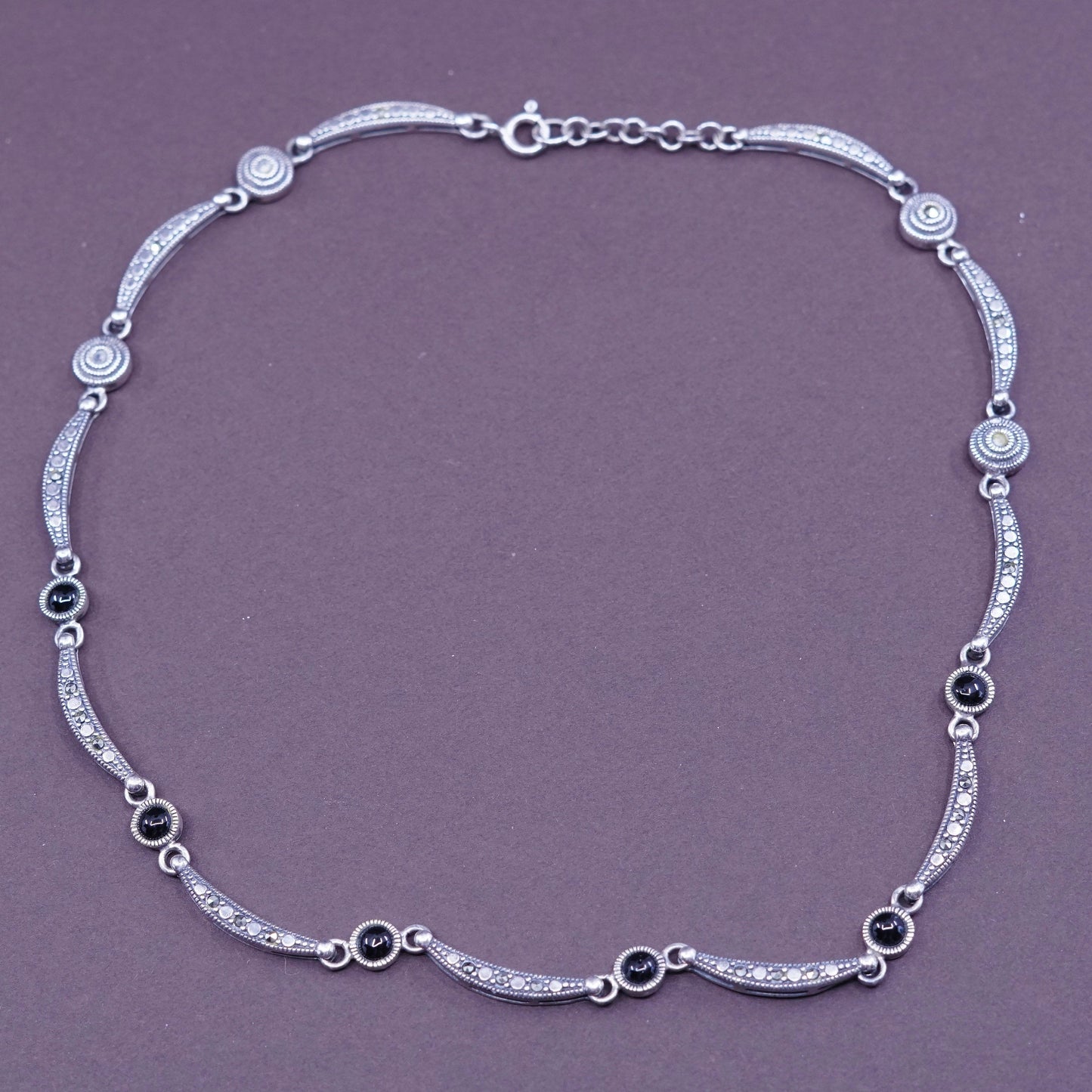 16”, vtg sterling silver necklace, 925 DNA chain w/ marcasite N obsidian